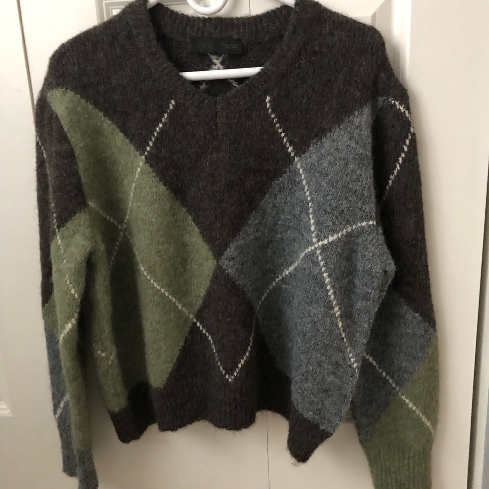 Zara Brown Crewneck Sweater with Olive & Gray Argyle